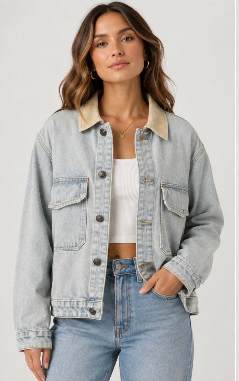 Zara Unisex Light Wash Denim Jacket Contrast Canvas-Look Collar Size M